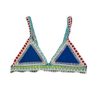 Kiini Tasmin Crochet Trim Triangle Bikini Top Cobalt Blue Multi Color Womens L